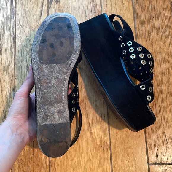 PRADA PLATFORMS Black Suede Silver Eyelet Hardware Open Toe Strap On EU 40 US 9 - Picture 9 of 10